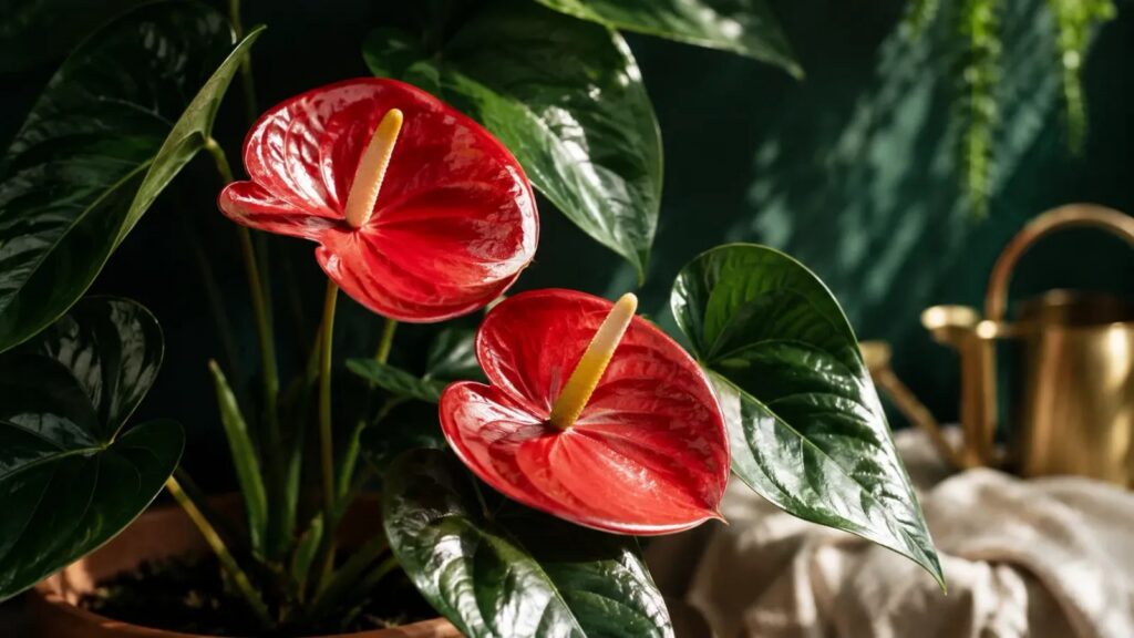 Anthurium en pot avec spathes rouges brillantes et feuillage vernissé près d'une fenêtre lumineuse