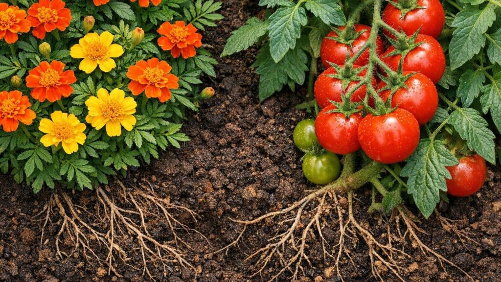 Oeillet d'inde aux fleurs orange en pleine floraison dans un massif de jardin