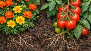 Oeillet d'inde aux fleurs orange en pleine floraison dans un massif de jardin