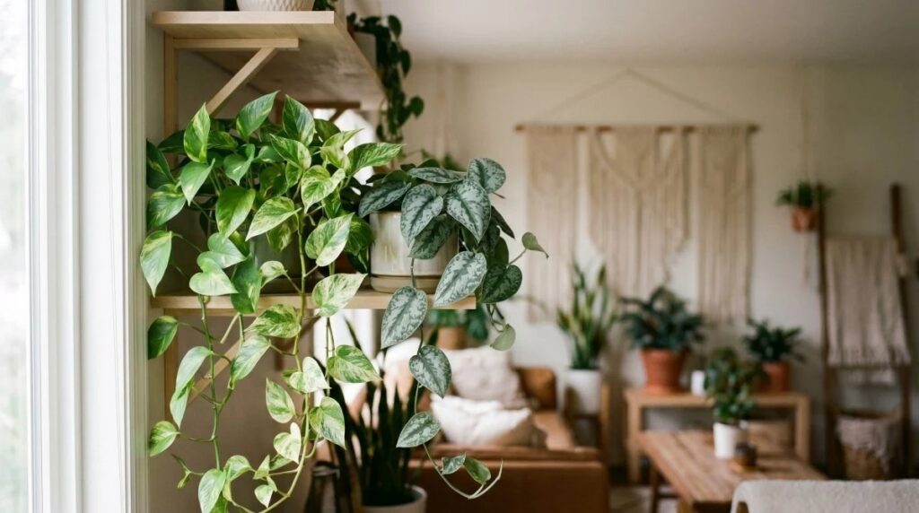 Pothos en pot avec feuillage panaché retombant sur une étagère lumineuse
