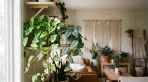 Pothos en pot avec feuillage panaché retombant sur une étagère lumineuse
