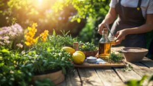 Désherbage manuel et naturel d'une allée de jardin envahie par les mauvaises herbes