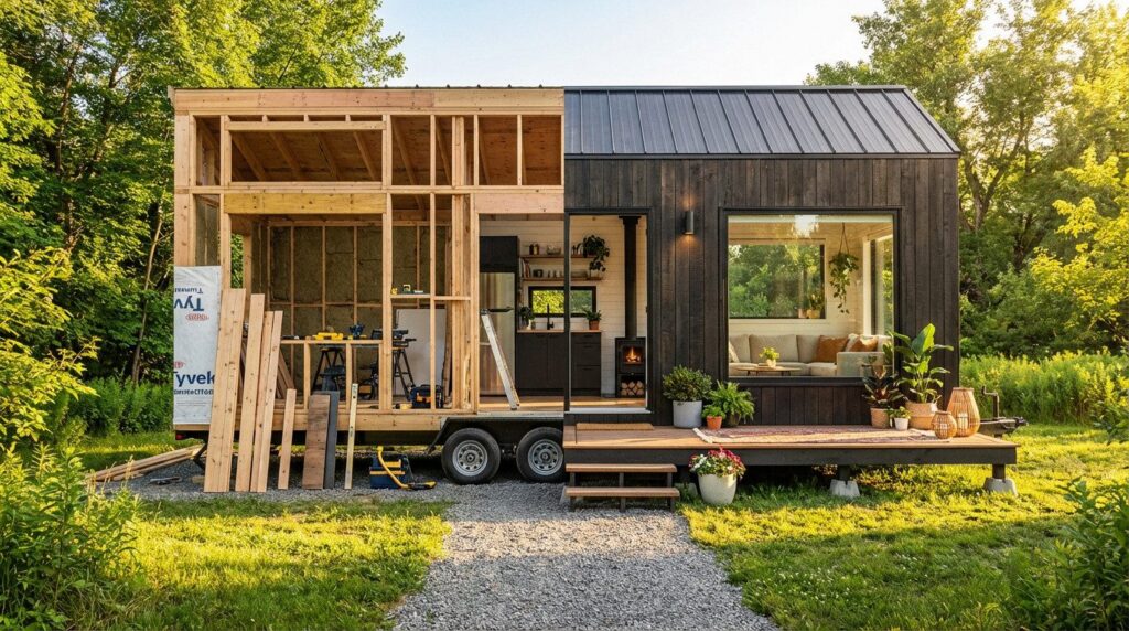 Tiny house compacte posée sur remorque, bardage bois et grande baie vitrée