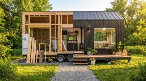 Tiny house compacte posée sur remorque, bardage bois et grande baie vitrée