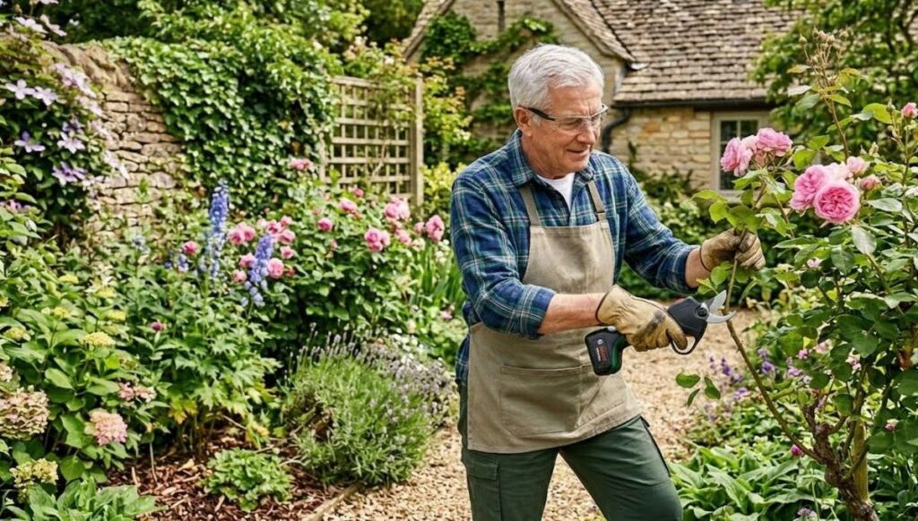 Sécateur à batterie en train de couper une branche d'arbuste au jardin