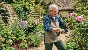 Sécateur à batterie en train de couper une branche d'arbuste au jardin