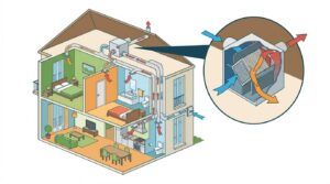 Caisson de VMC double flux avec échangeur et gaines isolées installé dans un local technique