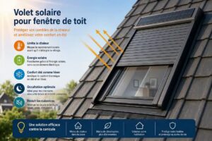 Volet roulant solaire installé sur une fenêtre avec son petit panneau photovoltaïque fixé sur le coffre