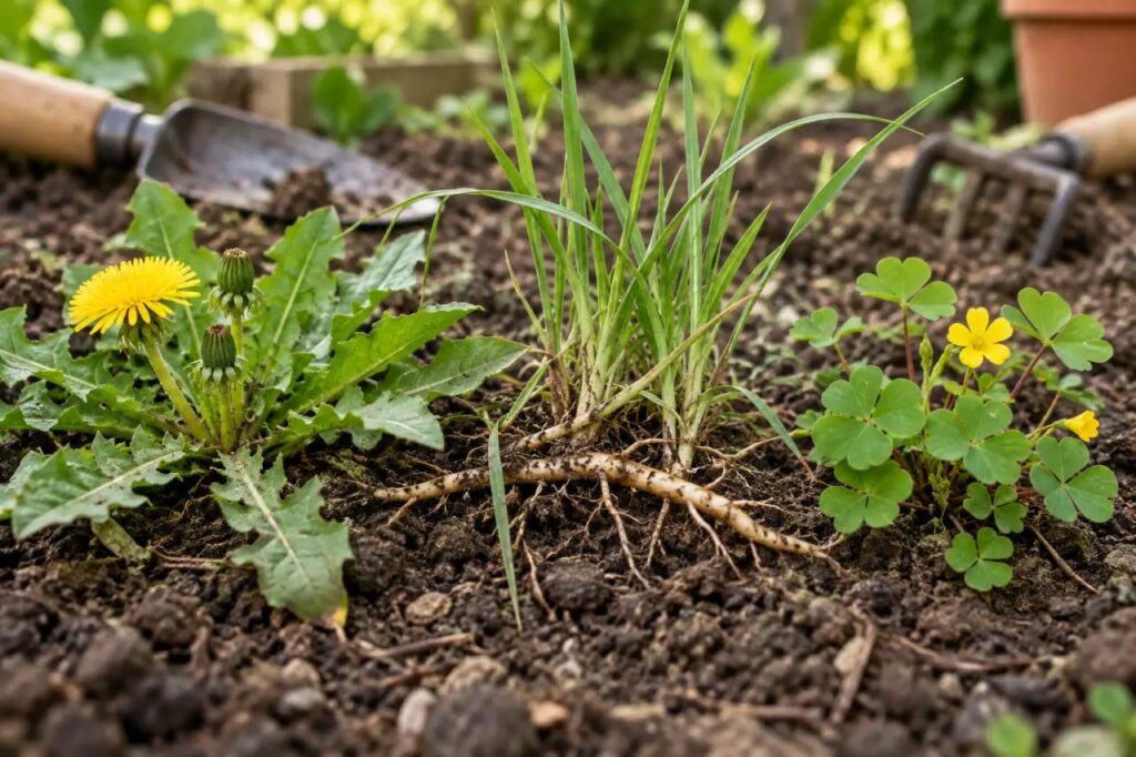 Mauvaises herbes arrachées à la main dans un massif de jardin