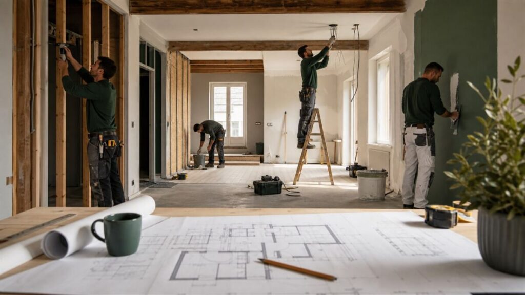 Maison en cours de rénovation avec échafaudage contre la façade et matériaux de chantier