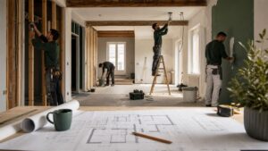 Maison en cours de rénovation avec échafaudage contre la façade et matériaux de chantier